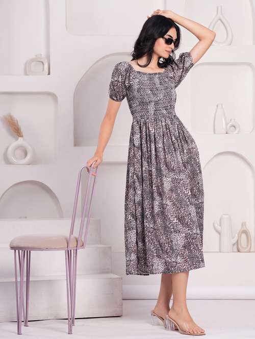 women printed puff sleeves fit & flare dress - 21854029 - Very Small Image - 1