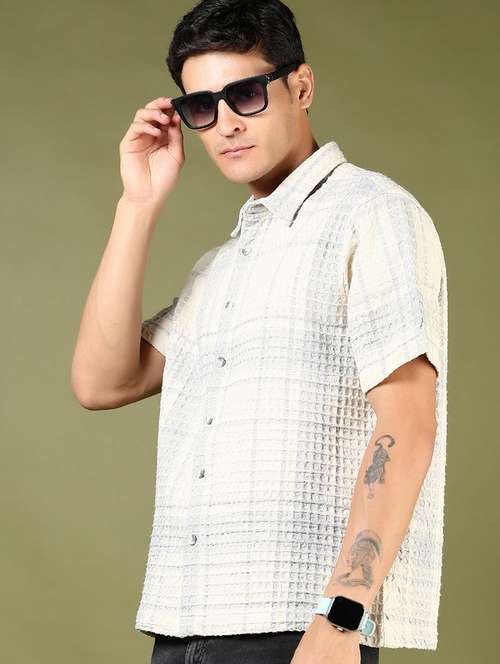 men beige checked short sleeve regular fit casual shirt - 21854226 - Very Small Image - 1