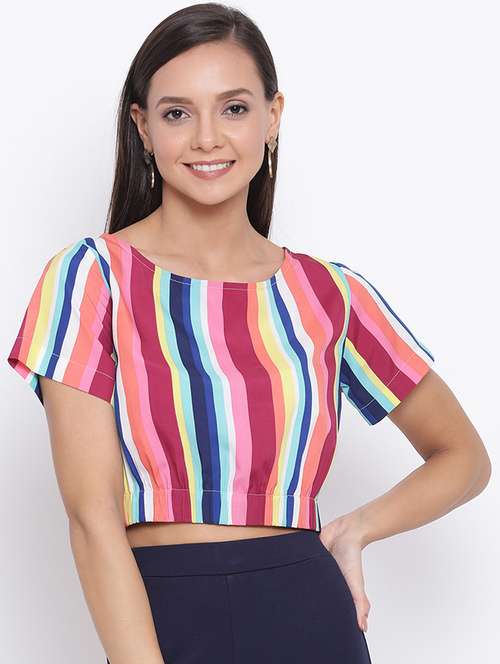 women striped short sleeves crop top - 21864011 - Very Small Image - 1