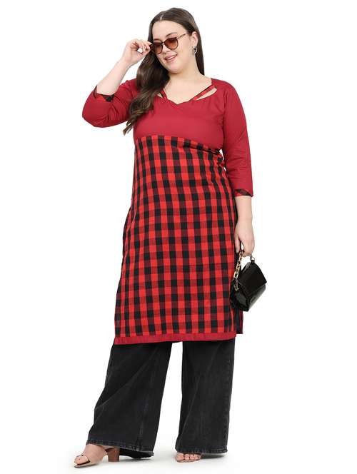 women checkered three quarter sleeve plus size straight kurta - 21866617 - Very Small Image - 1