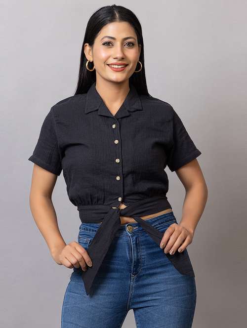women solid short sleeves crop shirt - 21874784 - Very Small Image - 1
