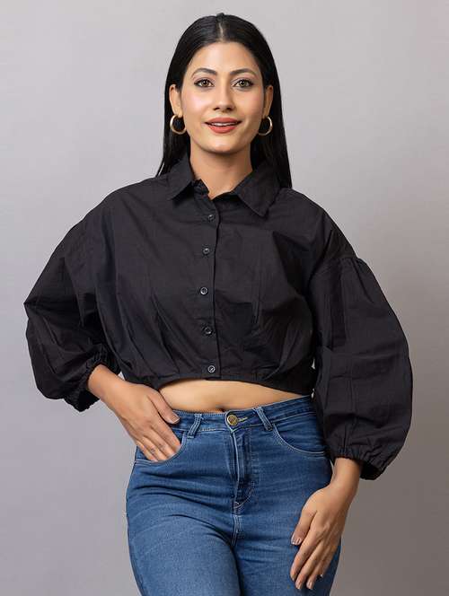 women solid puff sleeeves crop shirt - 21874786 - Very Small Image - 1