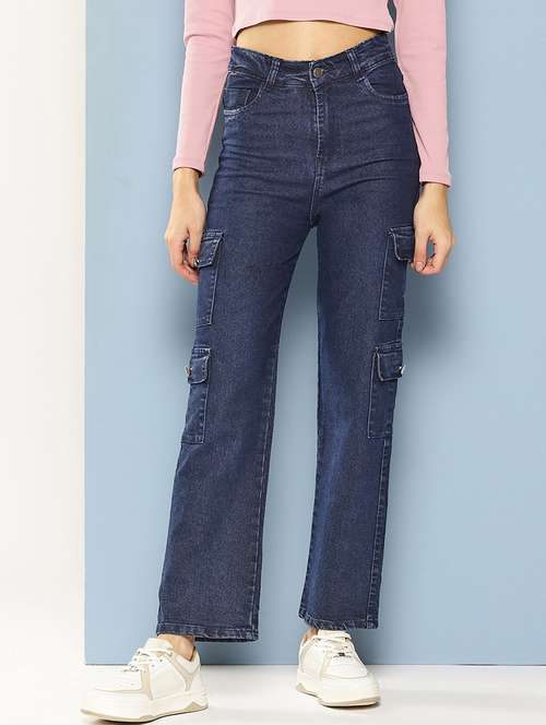 women solid high rise denim cargo - 21880997 - Very Small Image - 1