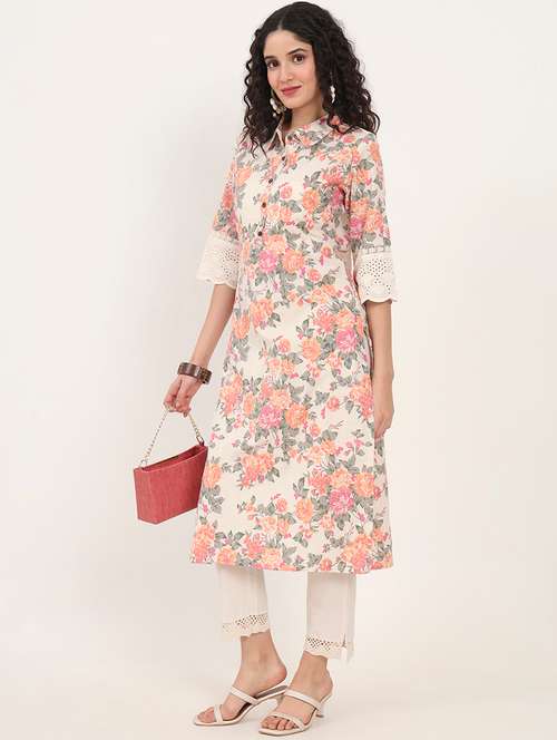 women floral three quarter sleeve straight kurta - 21881676 - Very Small Image - 1