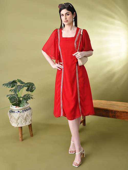 women solid lace detailed batwing sleeves a-line dress - 21899169 - Very Small Image - 1