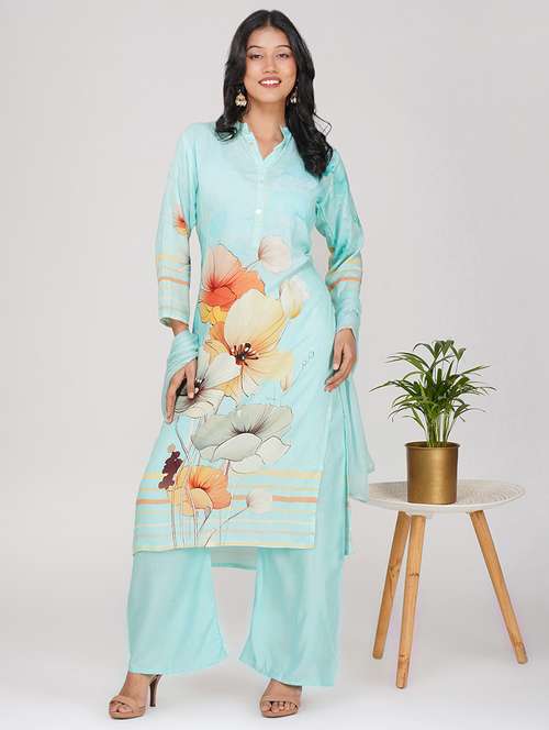 women three quarter sleeve kurta palazzo with dupatta set - 21901357 - Very Small Image - 1