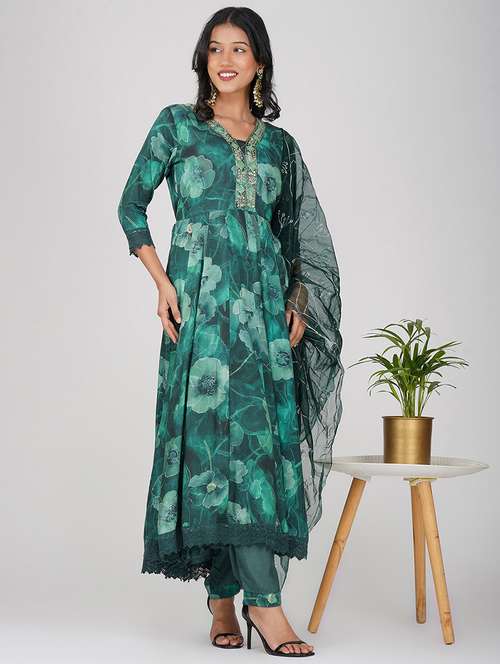 women three quarter sleeve anarkali kurta pant with dupatta set - 21901359 - Very Small Image - 1