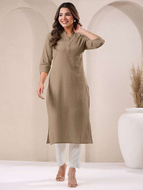 women solid three quarter sleeve straight kurta - 21906208 - Very Small Image - 1