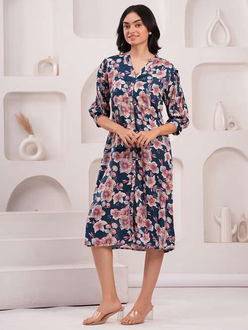 women floral three quarter sleeve a-line dress - 21908194 - Very Small Image - 1