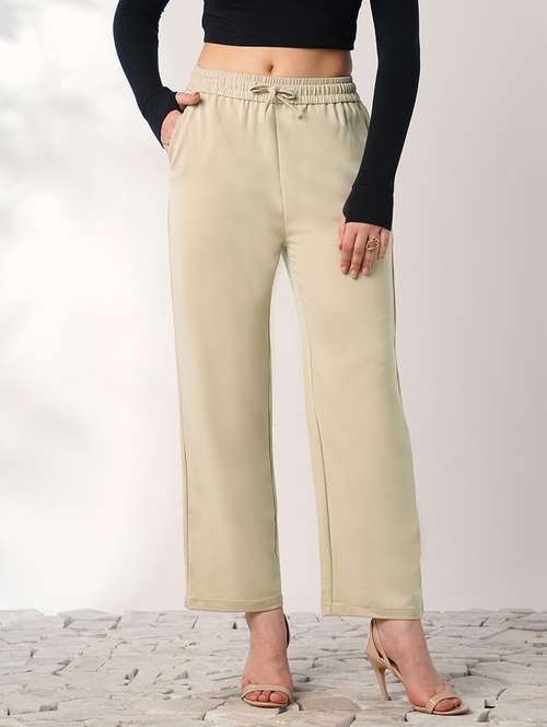 globus women beige mid rise elasticated waist relaxed fit trousers - 21908452 - Very Small Image - 1
