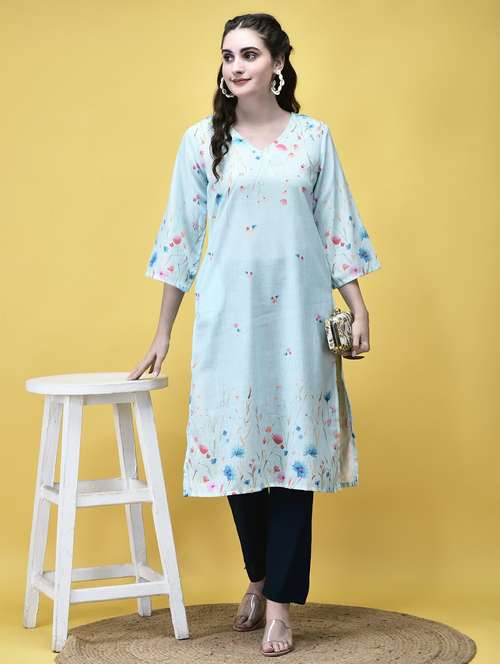women floral three quarter sleeve straight kurta - 21913555 - Very Small Image - 1