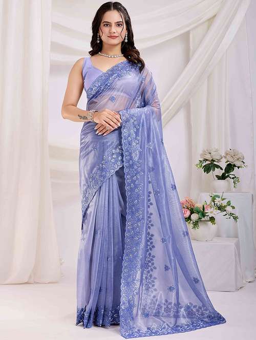 women solid with work embroidered saree with blouse - 21916224 - Very Small Image - 1