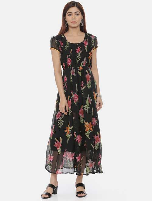 women black floral printed short sleeve fit & flare dress - 21916456 - Very Small Image - 1