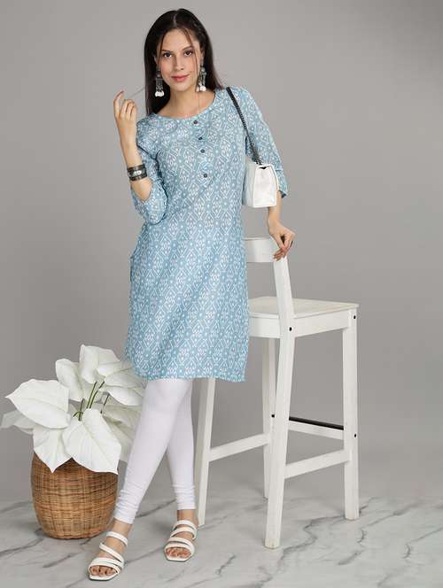 women blue three quarter sleeve straight kurta - 21917822 - Very Small Image - 1