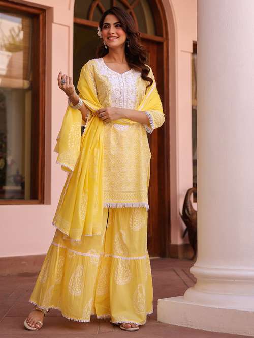 women three quarter sleeve kurta sharara with dupatta set - 21925598 - Very Small Image - 1