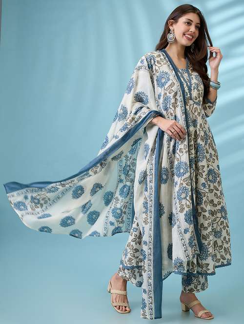 women blue all over floral printed v-neck lace insert anarkali kurta with pant & dupatta set - 21926731 - Very Small Image - 1