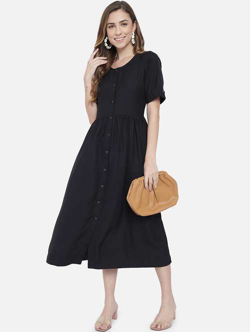 women black solid short sleeve a-line dress - 21931434 - Very Small Image - 1