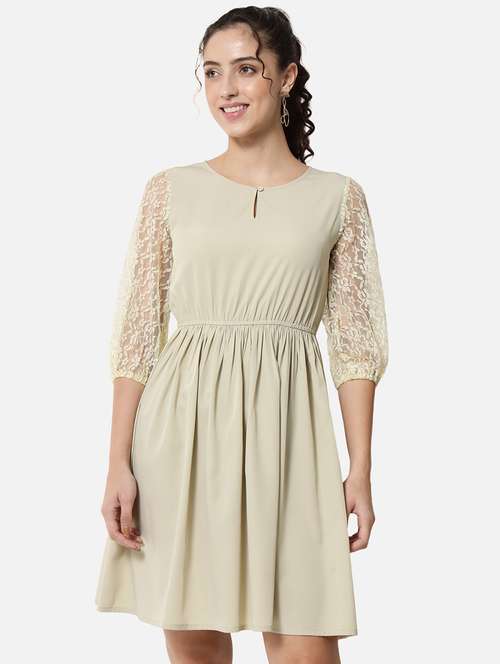 women solid puff sleeve lace fit and flared dress - 21931438 - Very Small Image - 1