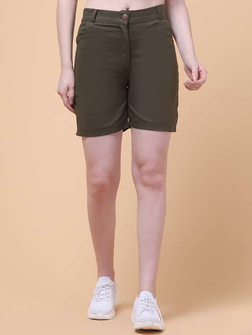 women olive solid mid rise shorts - 21932746 - Very Small Image - 1