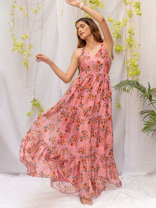 women pink florall printed halter neck maxi dress - 21933824 - Very Small Image - 1