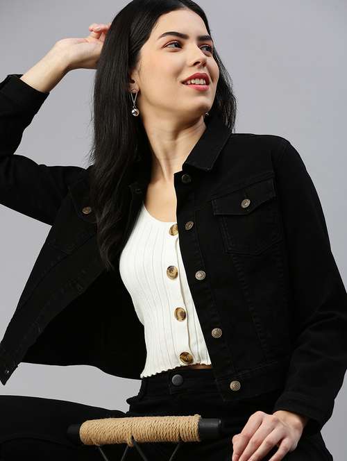 women black solid long sleeve denim jacket - 21935945 - Very Small Image - 1