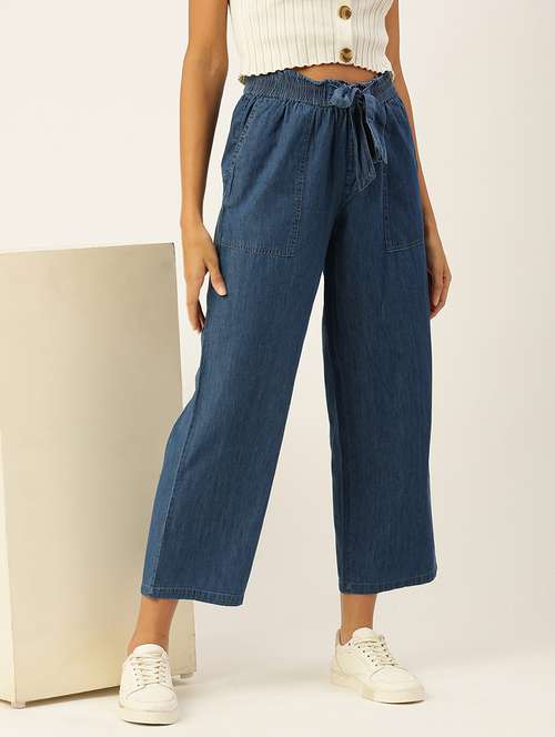 women solid high rise straight fit denim trouser - 21935984 - Very Small Image - 1