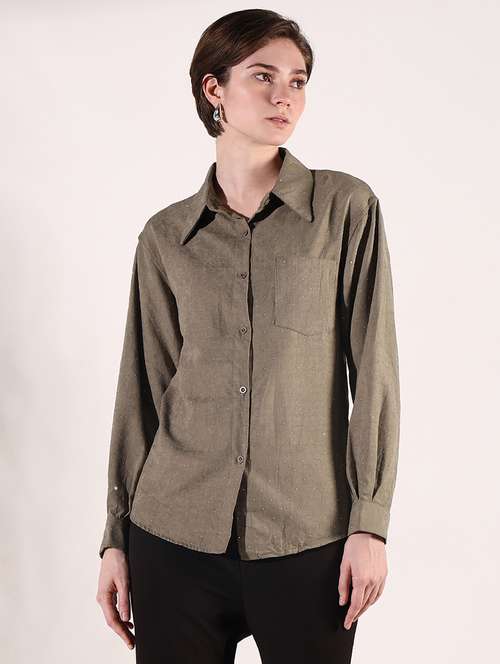 women solid collared long sleeve shirt - 21941697 - Very Small Image - 1