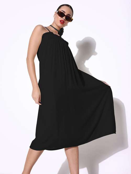 women black solid shoulder strap a-line dress - 21941864 - Very Small Image - 1