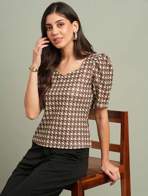 globus women brown abstract print sweetheart neck puff sleeves top - 21943194 - Very Small Image - 1