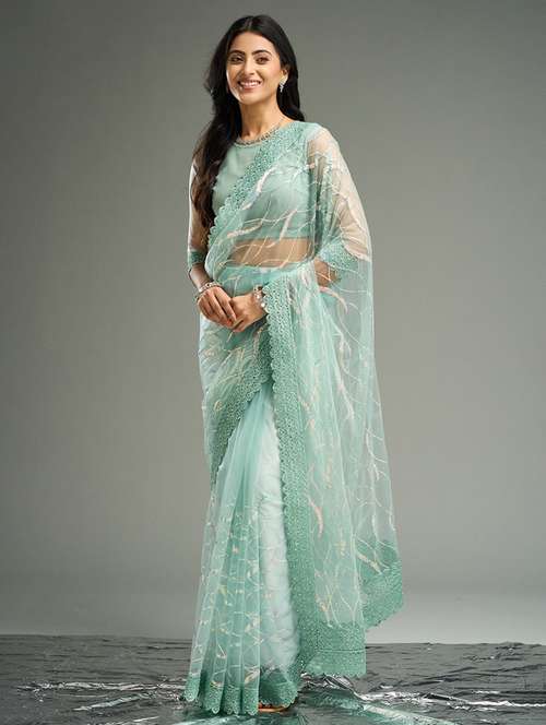 women solid with work embellished saree with blouse - 21949605 - Very Small Image - 1