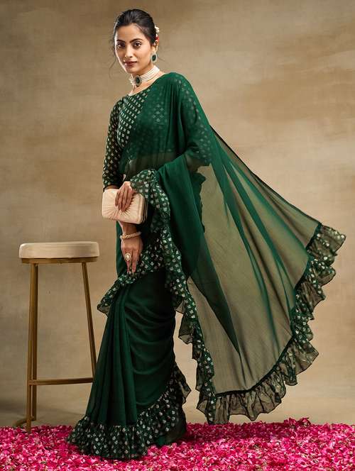 women solid with ruffle bordered saree with blouse - 21949606 - Very Small Image - 1