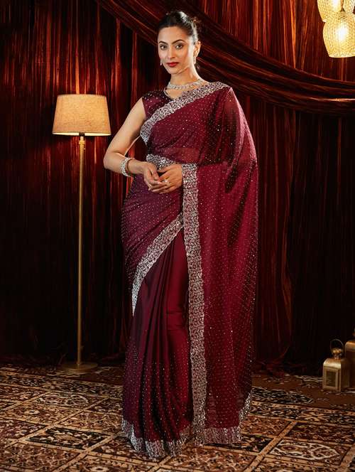 women solid with work embellished saree with blouse - 21949653 - Very Small Image - 1