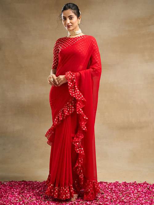 women solid with ruffle bordered saree with blouse - 21949683 - Very Small Image - 1