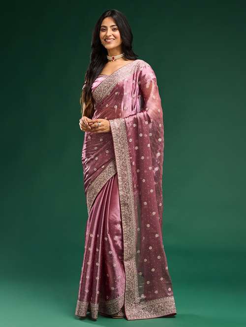 women solid with work embroidered saree with blouse - 21949708 - Very Small Image - 1
