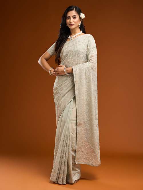 women solid with work embroidered saree with blouse - 21949744 - Very Small Image - 1