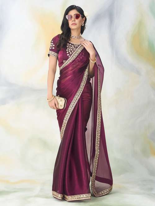 women solid with bordered saree with blouse - 21949756 - Very Small Image - 1