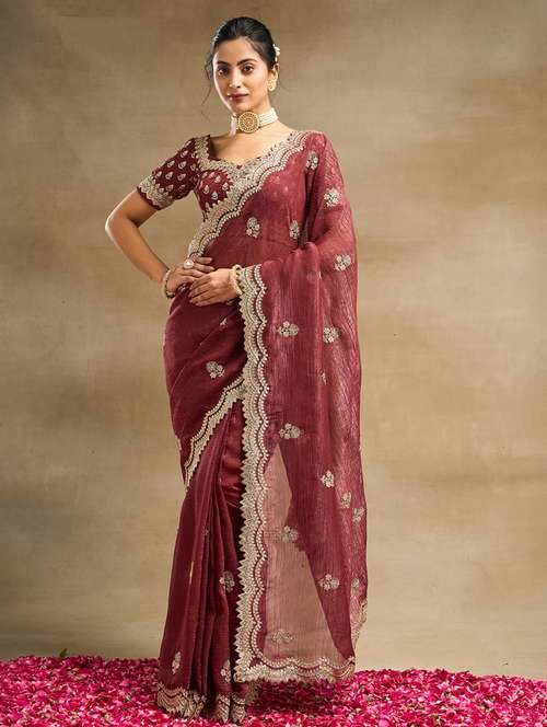 women solid with work embroidered saree with blouse - 21949763 - Very Small Image - 1