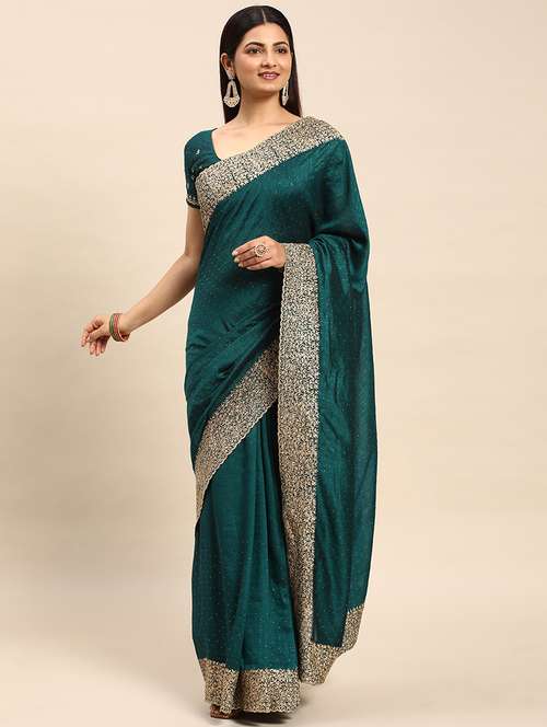 women solid with work embroidered saree with blouse - 21949774 - Very Small Image - 1