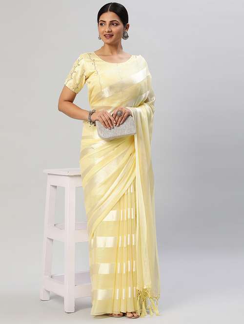women yellow striped saree with blouse - 21949850 - Very Small Image - 1