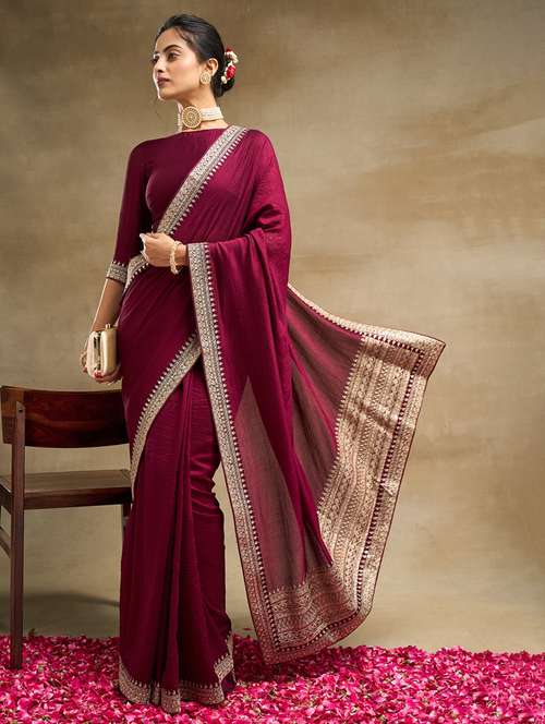 women solid with bordered saree with blouse - 21949865 - Very Small Image - 1