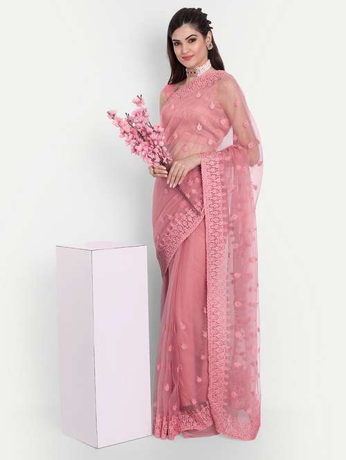 women solid with work embroidered saree with blouse - 21949914 - Very Small Image - 1