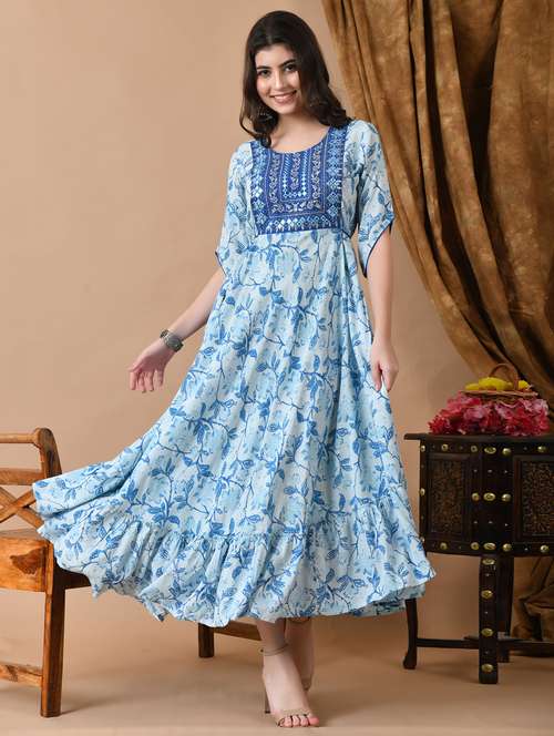women embroidered round neck tiered ethnic dress - 21954454 - Very Small Image - 1