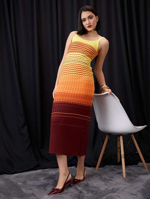 globus women multi colour scoop neck shoulder strap ombre chevron pattern crochet midi bodycon dress - 21955863 - Very Small Image - 1
