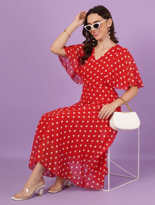 women polks doted batwing sleeves fit & flare dress - 21959249 - Very Small Image - 1