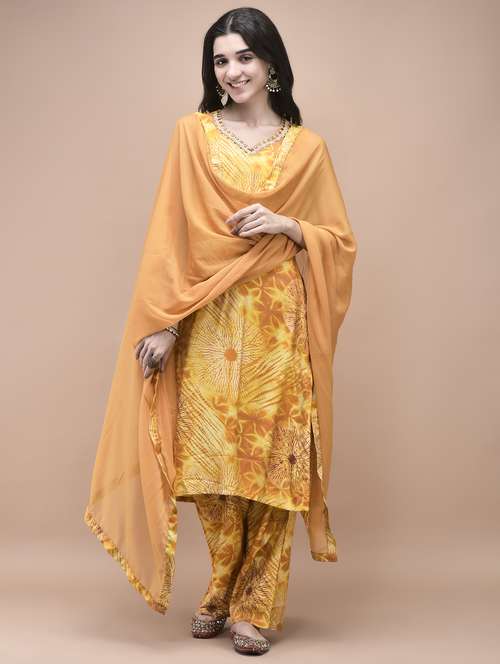 women mustard sleeveless kurta pant with dupatta set - 21959523 - Very Small Image - 1