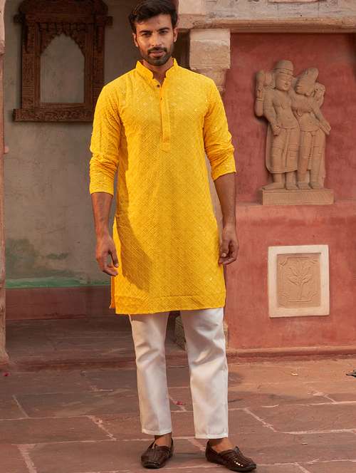 men yellow embroidered kurta and pyjama set  - 21960382 - Very Small Image - 1