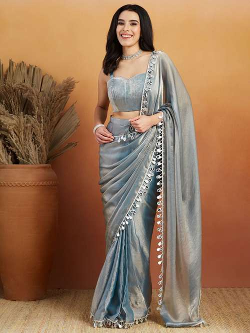 women solid with embellished bordered ready to wear saree with blouse - 21961288 - Very Small Image - 1