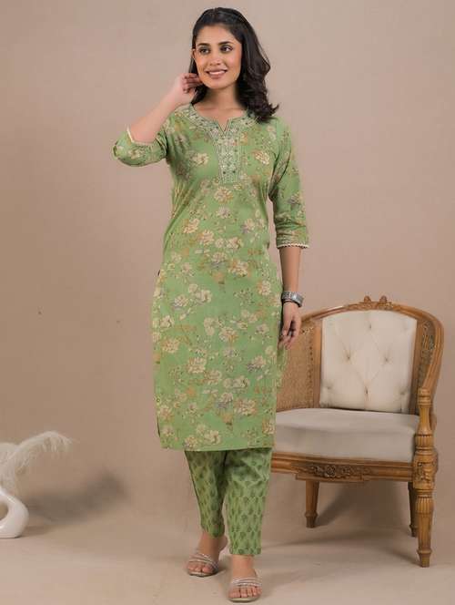 women floral printed three quarter sleeve kurta pant set - 21962210 - Very Small Image - 1