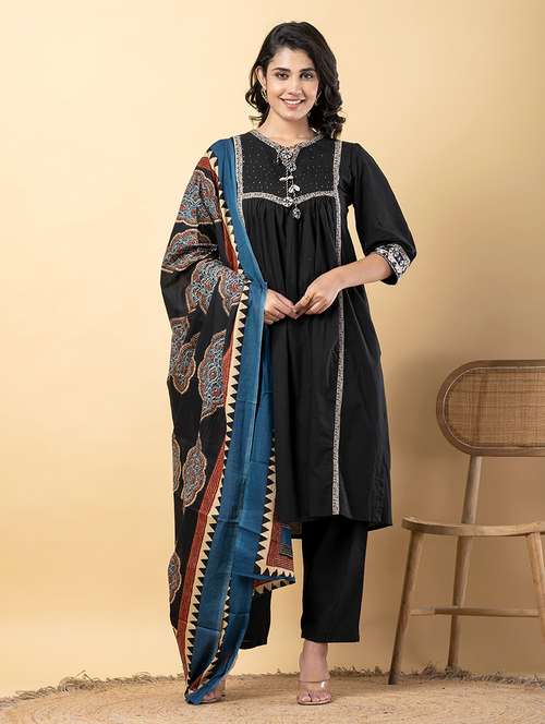 women three quarter sleeve kurta pant with dupatta set - 21962307 - Very Small Image - 1