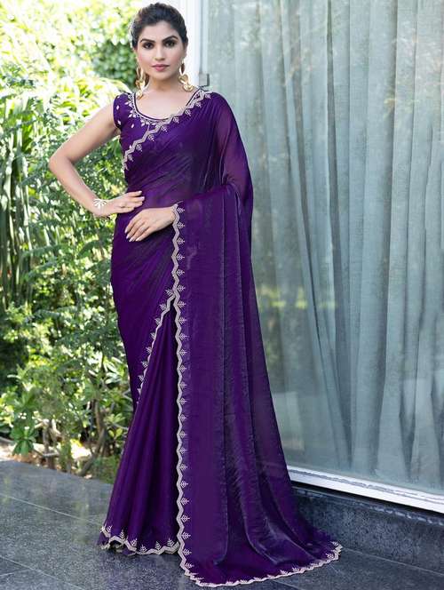 women solid with embellished bordered saree with blouse - 21962574 - Very Small Image - 1